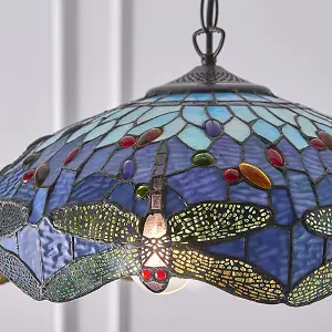 Luminosa Dragonfly Tiffany 3 Light Medium Ceiling Pendant Bronze, Blue