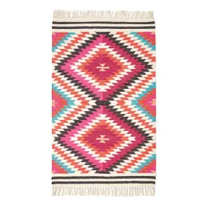 Homescapes Manila Handwoven Pink, Orange and White Multi Coloured Diamond Patterned Kilim Wool Rug, 90 x 150 cm