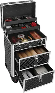 SONGMICS Make Up Trolley, Cosmetic Case, Beauty Case, Hairdressing Case, with 4 Removable Universal Wheels, Top with 3 Levels, Dra