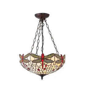 Luminosa Dragonfly Tiffany 3 Light Medium Inverted Ceiling Pendant Bronze, Beige