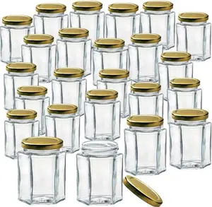 Glass Jars With Lids & Labels - 24 Hexagonal 12Oz / 280Ml Storage Jars Of Quality Made | Ideal For Spice Jam Honey Yogurt Or Sweets | 24 Pack