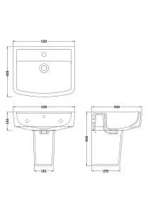 Square 1 Tap Hole Basin & Semi Pedestal - 520mm