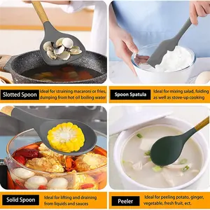 Kitchen Utensil Set Silicone Cooking Utensils Heat Resistant Nonstick Kitchen Tools With Hooks, Silicone Kitchen Gadgets With Wooden Handle, Turner Tongs Spatula Spoon Cooking Tools Grey