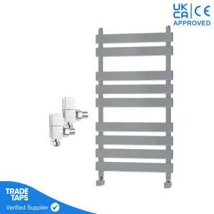 Designer Marvella Chrome Flat Panel Towel Radiator Heated Ladder Rail - 950 x 500mm - Angled Manual Square Valve Pair