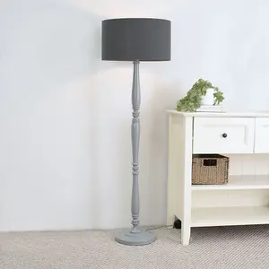 ValueLights Victoria Traditional Grey Wood Candlestick Floor Lamp with Charcoal Drum Shade