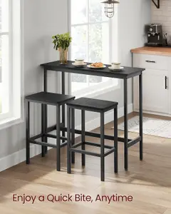 VASAGLE Dining Table Set, Bar Table and Stools, Breakfast Bar Table with 2 Bar Stools, Steel Frame, Ebony Black and Ink Black