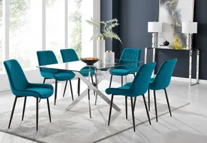 Furniturebox UK Leonardo 6 Dining Table and 6 Blue Pesaro Black Leg Chairs