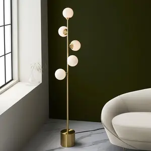 Luminosa Grosseto Multi Arm Floor Lamp Satin Brass Plate, Gloss White Glass