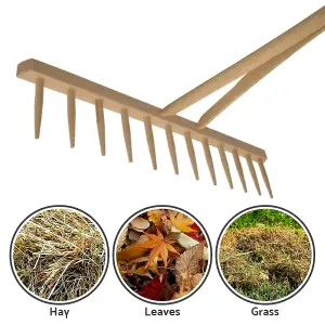 Wooden Agricultural Farming Garden Rake - 12 Teeth, 60 cm Wide, 130 cm Long - Lightweight and Durable Beech Wood Rake