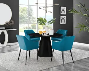 Furniturebox UK Palma Black Semi Gloss Round Pedestal Dining Table & 4 Blue Velvet Calla Black Leg Chairs