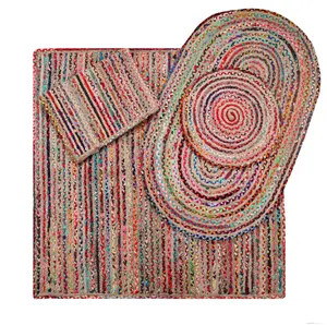 MISHRAN Oval Jute Area Rug Hand Woven with Recycled Fabric 60 cm x 90 cm