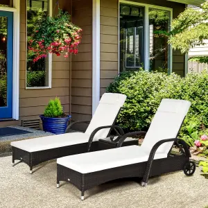 Outsunny 3 PCS Rattan Lounger Recliner Bed Garden Furniture Set with Side Table Brown