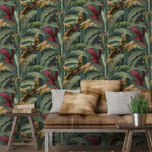 Galerie Into The Wild Metallic Green Banana Tree Leaf Wallpaper Roll