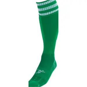 JUNIOR Size 3-6 Pro 3 Stripe Football Socks - GREEN/WHITE - Contoured Ankle