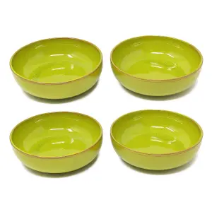 Selena Glazed Hand Dipped Kitchen Dining Set of 4 Shallow Bowls Lime Green (Diam) 14cm