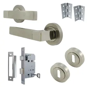 Cafri Line Door Handle Lock Key Set Modern Satin Nickel Lever on Rose Internal Escutcheon Pack