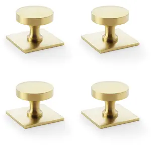 4 PACK - Slim Round Cabinet Door Knob & Matching Backplate - Satin Brass 38mm Handle