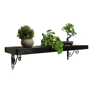 Solid Wood Handmade Rustical Shelf Black Ash 225mm 9 inch with Black Metal Bracket WOZ Length of 220cm