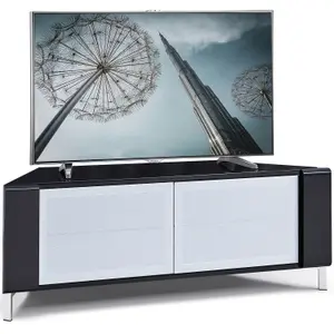 MDA Designs CORVUS Corner-Friendly Black Cabinet with White BeamThru Glass Doors for Flat Screen TVs up to 50"