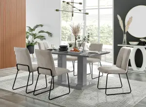 Imperia Grey High Gloss 6 Seater Dining Table with Structural 2 Plinth Column Legs Taupe Fabric Halle Modern Chairs