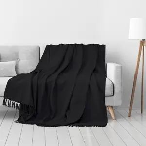 EHC Waffle Cotton Woven Super Giant Sofa Throw, Up to 4 Seater Sofa/ Super King Size Bed 254 x 380 cm, Black