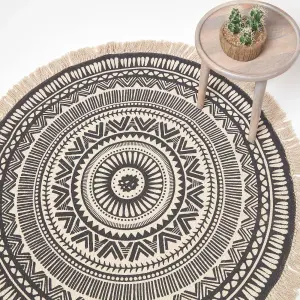 Homescapes Black & White 100% Cotton Mandala Printed Round Rug