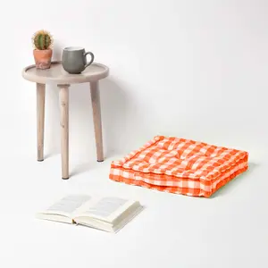 Homescapes Orange Block Check Cotton Gingham Floor Cushion, 40 x 40 cm