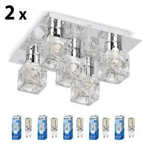 ValueLights Ritz Pair of - Chrome Ice Cube 5 Way Flush Ceiling Spotlights - Complete with 10 x 3w Energy Saving G9 LED Light Bulbs