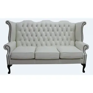 Chesterfield 3 Seater High Back Wing Sofa Shelly White Leather In Queen Anne Style