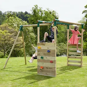 Rebo Wooden Garden Children's Swing Set with Extra-Long Monkey Bars - Double Swing - Sage Green