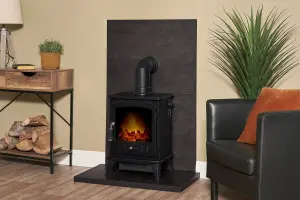 Acantha Tile & Hearth Set in Bronze Venetian Plaster Effect with Black Aviemore Stove & Pipe