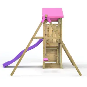 Rebo Wooden Climbing Frame with Vertical Rock Wall, Swing Set and Slide - Rushmore+ Pink