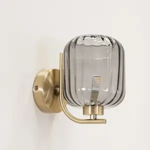 ValueLights Amelie Gold Curved Bar Wall Light with Smoked Ribbed Glass Shade - LED Bulb Included