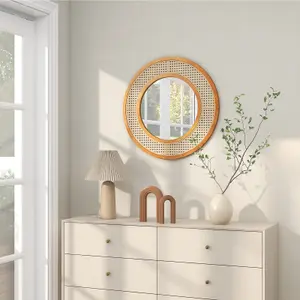 COSTWAY Rattan Round Wall Mirror 65 cm Wooden Framed Mirror with Aluminum Glass