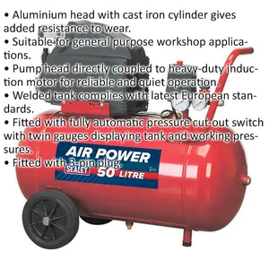 50 Litre Direct Drive Air Compressor with 2hp Motor and Automatic Pressure Cut-Out for Workshops