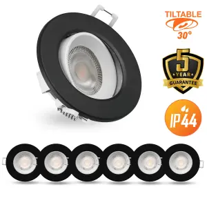 paul russells LED Downlight Black Non-Dimmable Tilt Recessed Ceiling SpotLight 4.8W 390 Lumens, IP44, Warm White 3000K Pack of 6