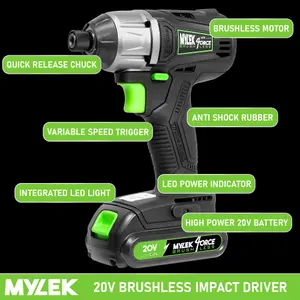 Mylek Cordless Li-ion Impact Drill Driver 20V Brushless, Variable Speed (0-2400RPM), 280Nm, 0-3200BPM, 2000Ah Battery