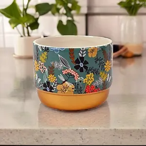 Gold & Blue Oriental Flower Plant Pot 10cm