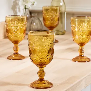 Set of 6 Vintage Luxury Amber Embossed Drinking Wine Glass Goblets 300ml