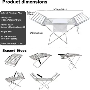 Foldable Winged Electric Laundry Drying Horse Rack - Laundry Drying Horse With Heated Folding Wings - 220W Energy Efficient