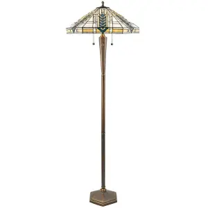 1.6m Tiffany Multi Light Floor Lamp Antique Brass & Stained Glass Shade i00021