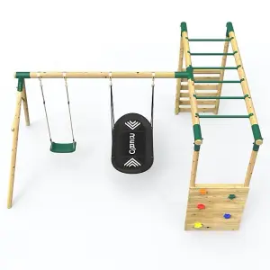 Rebo Wooden Garden Children's Swing Set with Extra-Long Monkey Bars - Double Swing - Sage Green