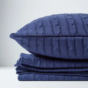 Homescapes Cotton Cable Knit Throw Navy Blue, 130 x 170 cm