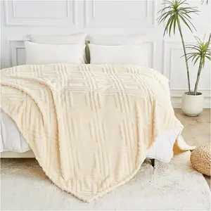 Large Sherpa Fleece Blanket  Fluffy Throw For Sofas, Bed, Armchair Jacquard Pattern King Size Throw Thermal Cream