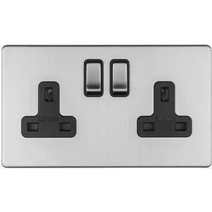 2 Gang Double DP 13A Switched UK Plug Socket SCREWLESS SATIN STEEL Wall Power