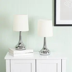 Pair - Silver Chrome Teardrop Touch Dimmer Table Lamps with Cream Shade for Bedside Table Bedroom Light