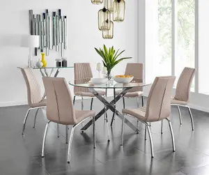 Furniturebox UK Novara Chrome Metal And Glass Large Round Dining Table And 6 Cappuccino Beige Isco Chairs Set