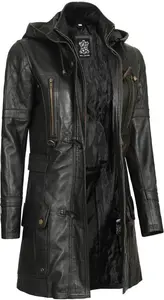 Womens Leather Coat With Hood | Black 3 4 Length Leather Jacket