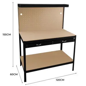 Workbench with Pegboard, Drawer and Light - Black