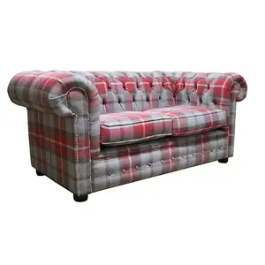 Chesterfield Genuine Tartan 2 Seater Sofa Balmoral Cherry Red Fabric In Classic Style